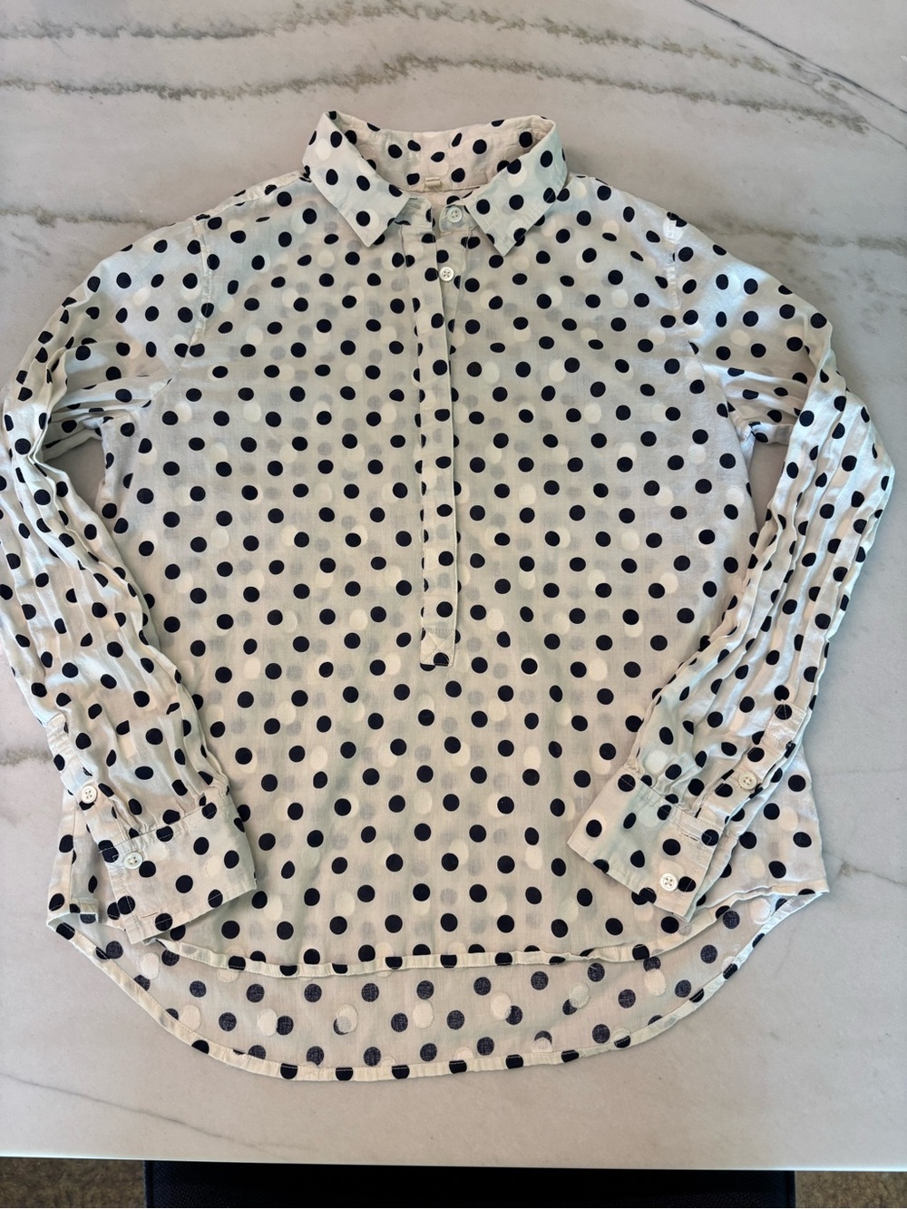 J.Crew Women's Popover Henley Cotton Shirt Size 6 White Navy Polka Dot Business